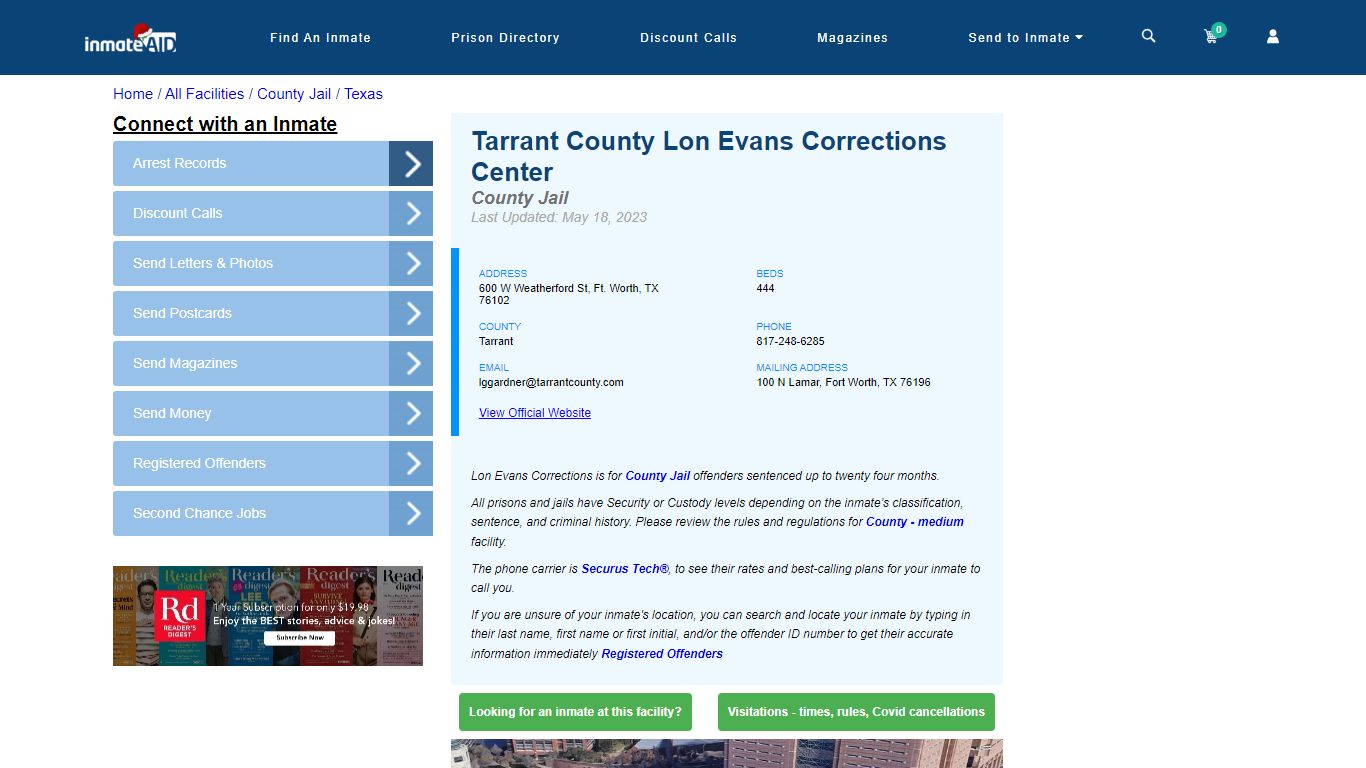 Tarrant County Lon Evans Corrections Center - Inmate Locator - Ft ...